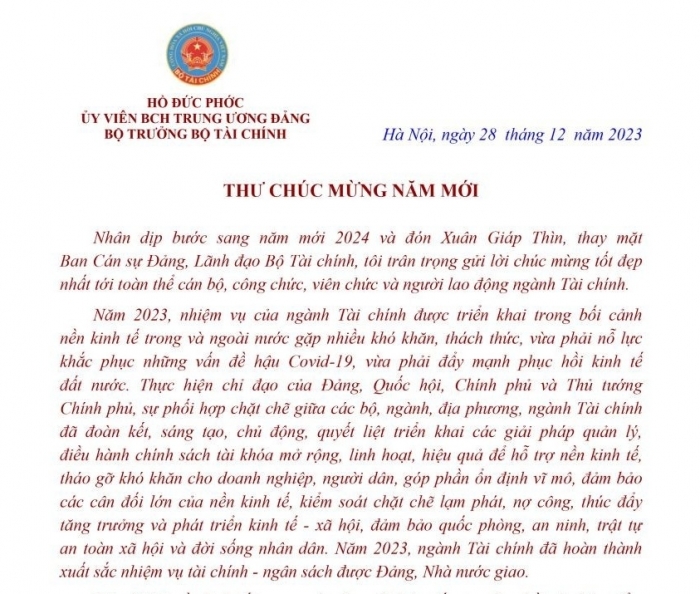 Bộ trưởng Bộ Tài chính Hồ Đức Phớc gửi thư chúc mừng năm mới 2024