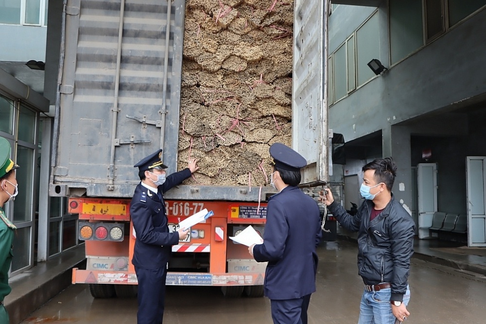 Công chức Chi cục Hải quan cửa khẩu quốc tế Cầu Treo giám sát, kiểm tra hàng NK. 	Ảnh: H.Nụ