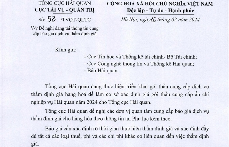 Đề nghị cung cấp báo giá dịch vụ thẩm định giá