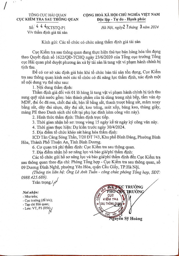 Cục Kiểm tra sau thông quan mời các tổ chức có đủ năng lực thẩm định giá tài sản