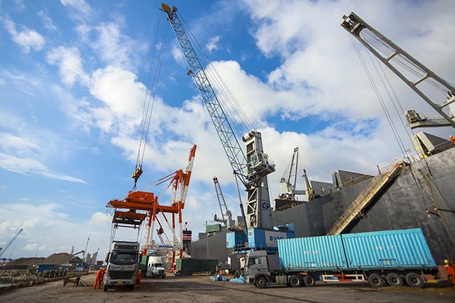 Cảng Quy Nhơn chuyển đổi phương thức xuất khẩu bằng tàu chuyến sang hình thức container đối với mặt hàng viên gỗ nén xuất đi châu Âu, Nhật Bản. 	Ảnh: DNCC