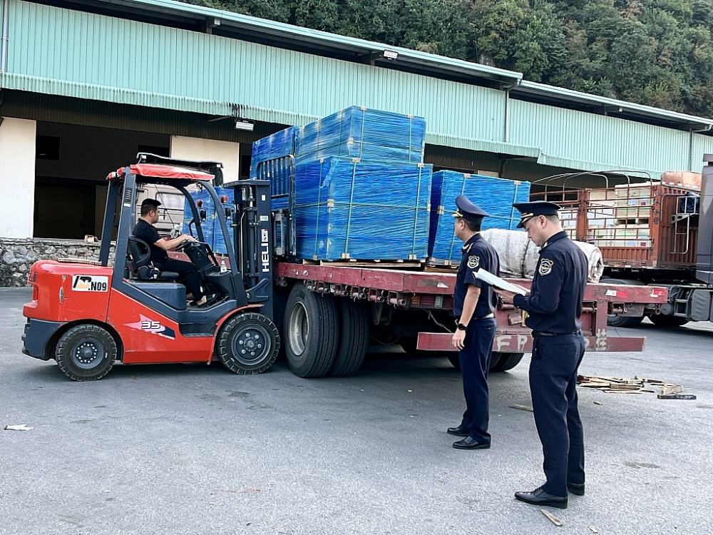 Công chức Hải quan Tân Thanh giám sát hàng máy móc, thiết bị NK sang tải. Ảnh: H.Nụ
