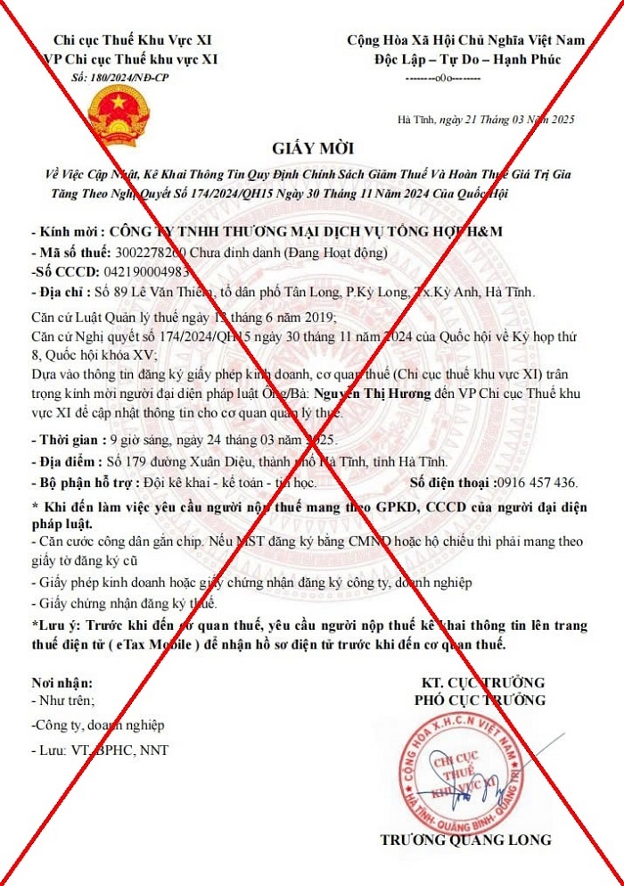 Cảnh báo tình trạng mạo danh cơ quan thuế tại huyện Kỳ Anh (Hà Tĩnh)