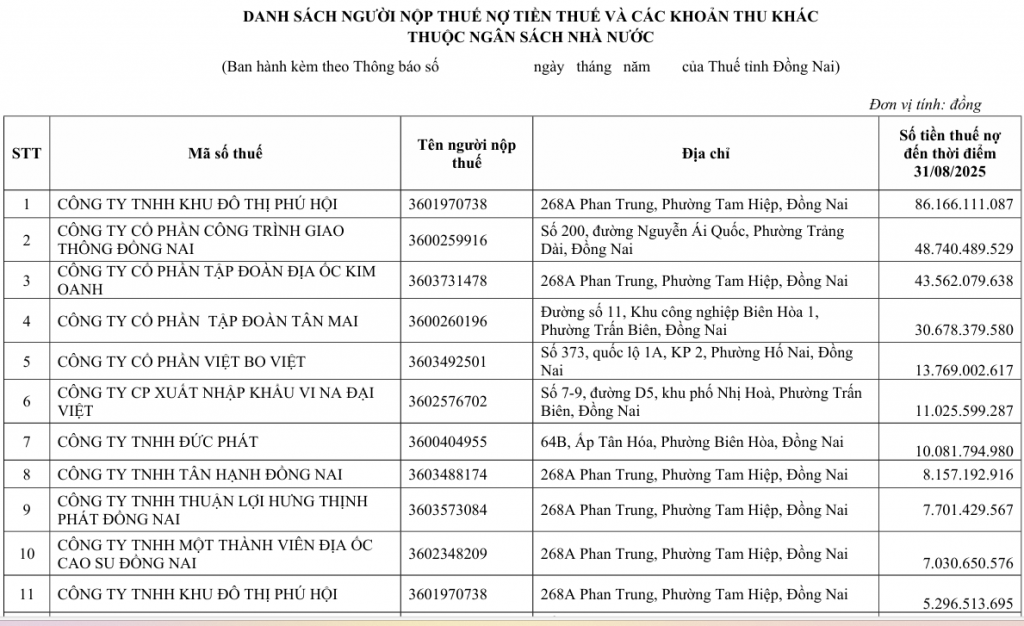 Thuế tỉnh Đồng Nai: Công khai nhiều doanh nghiệp nợ thuế hàng trăm tỷ đồng