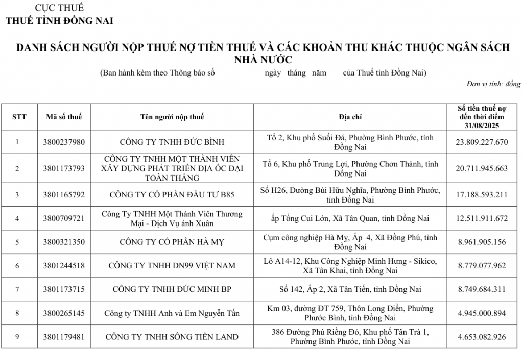 Thuế tỉnh Đồng Nai: Công khai nhiều doanh nghiệp nợ thuế hàng trăm tỷ đồng