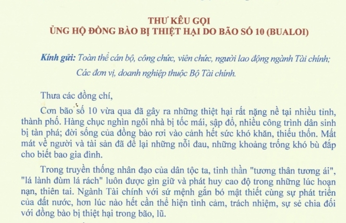 Bộ trưởng Nguyễn Văn Thắng kêu gọi toàn ngành Tài chính ủng hộ đồng bào bị thiệt hại do bão số 10