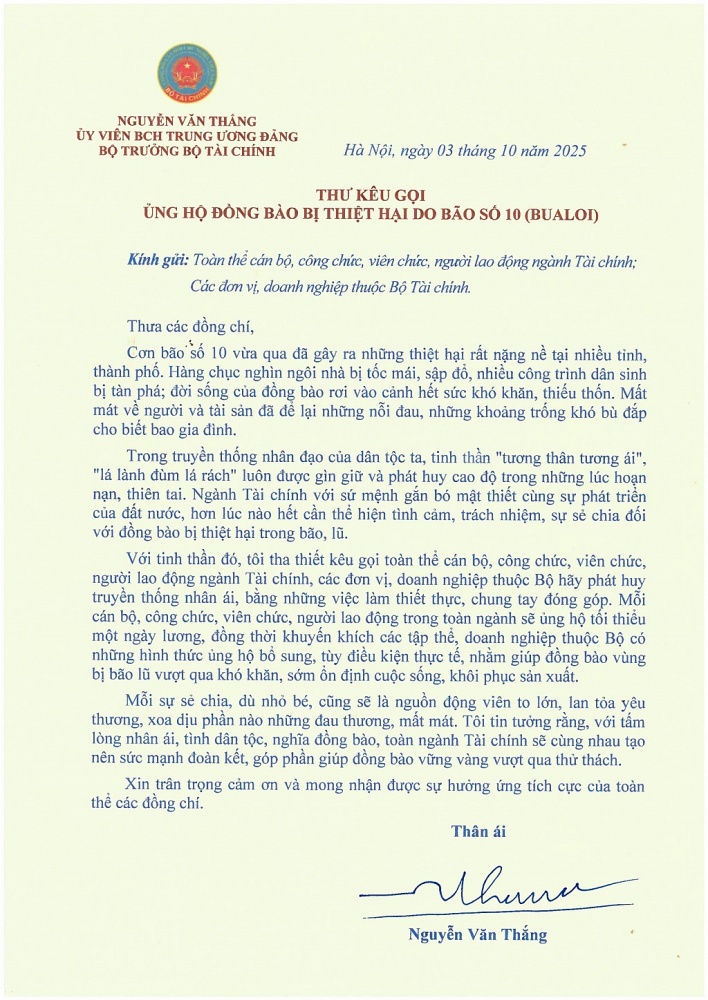Bộ trưởng Nguyễn Văn Thắng kêu gọi toàn ngành Tài chính ủng hộ đồng bào bị thiệt hại do bão số 10