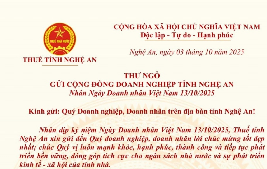 Trưởng Thuế tỉnh Nghệ An gửi thư chúc mừng doanh nghiệp nhân Ngày Doanh nhân Việt Nam