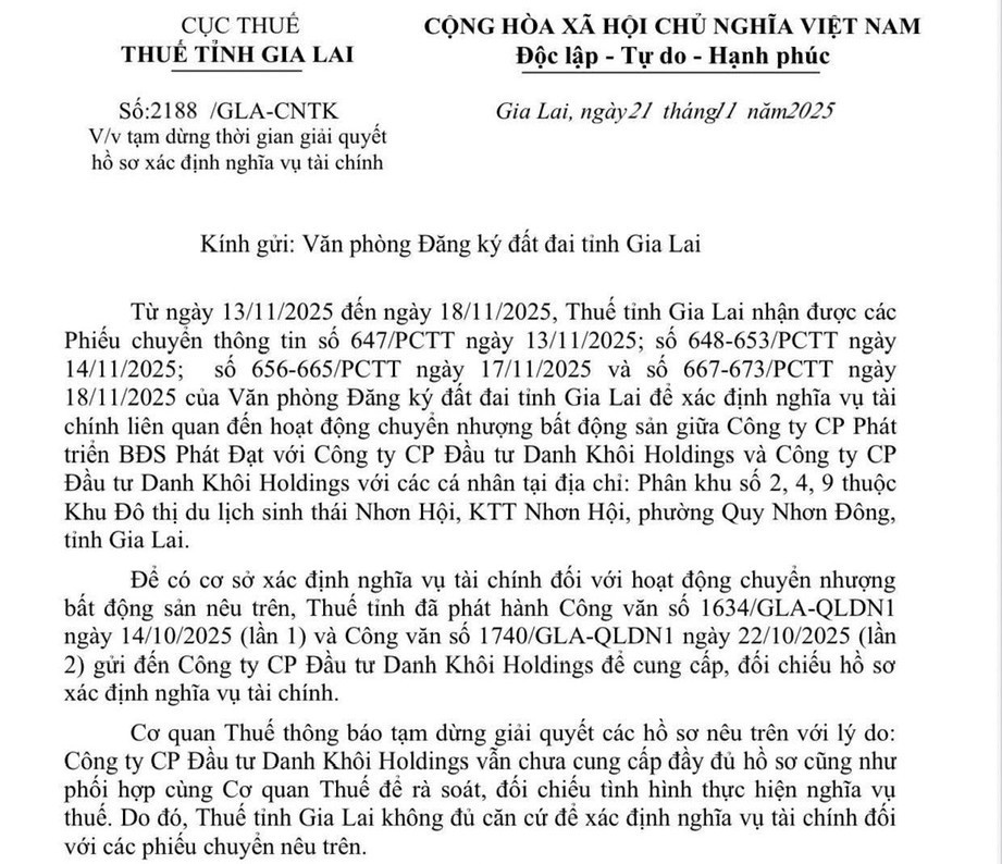 Tạm dừng giải quyết hồ sơ xác định nghĩa vụ tài chính liên quan đến Danh Khôi Holdings tại Gia Lai