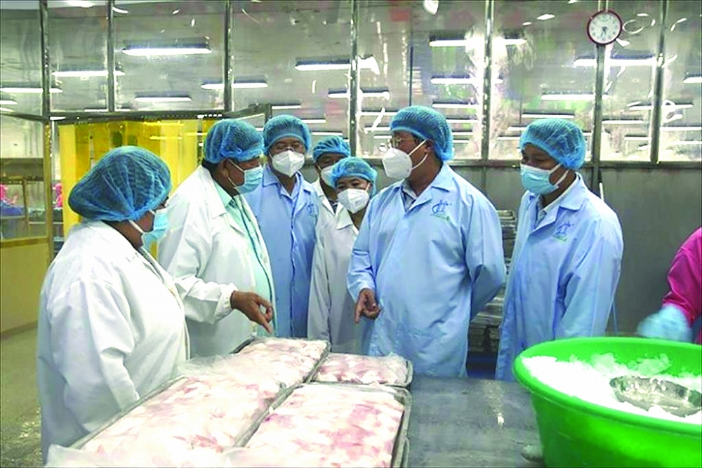Lãnh đạo tỉnh Đồng Tháp thăm, động viên Công ty Hùng Cá. 	Ảnh: DN