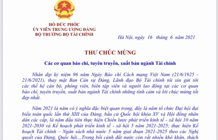 Bộ trưởng Hồ Đức Phớc gửi Thư chúc mừng các cơ quan báo chí, tuyên truyền, xuất bản ngành Tài chính nhân ngày 21/6
