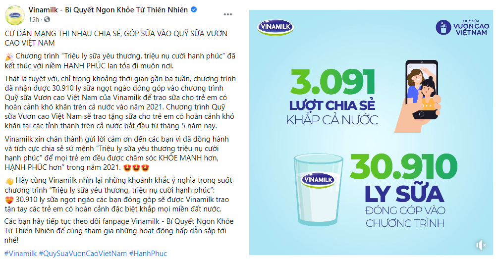Quỹ sữa vươn cao Việt Nam 2021 của Vinamilk sẽ có thêm 31.000 ly sữa