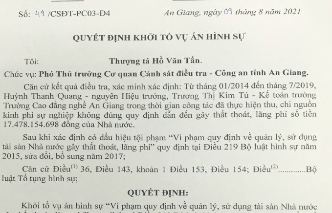 Khởi tố vụ một trường cao đẳng nghề làm thất thoát hơn 17 tỷ đồng