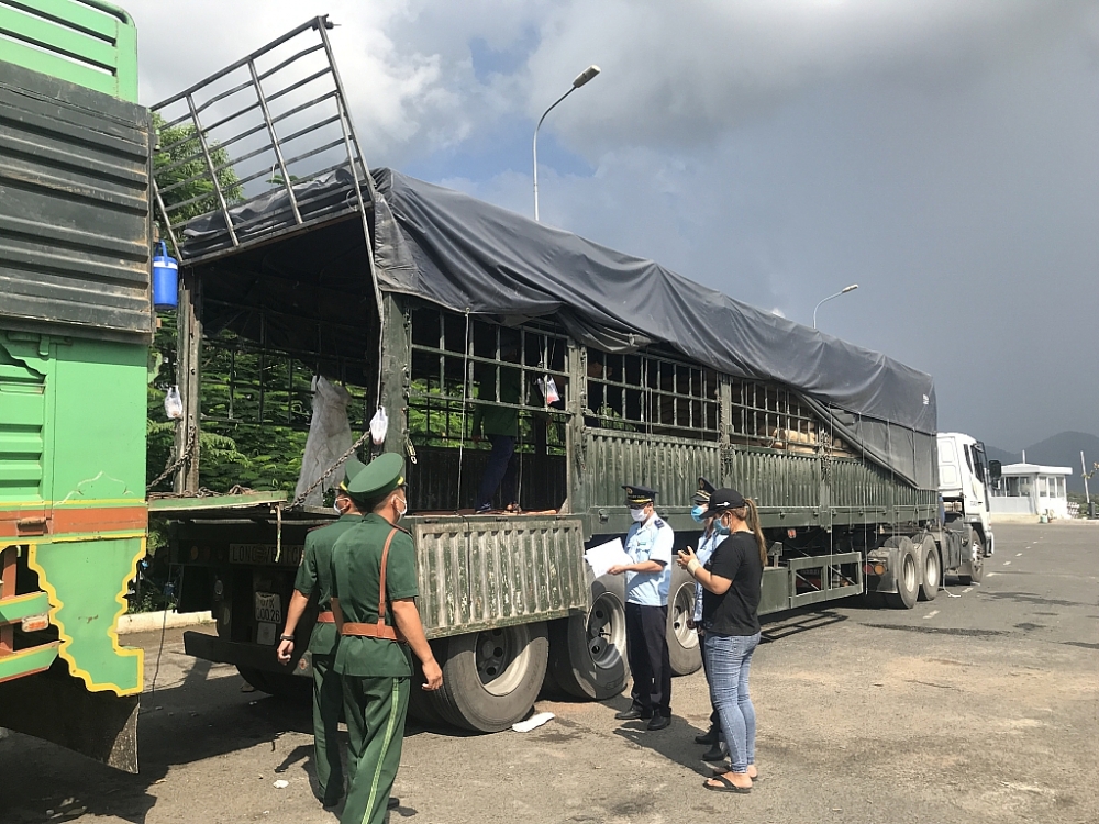 Hải quan cửa khẩu Tịnh Biên phối hợp với Đồng biên phòng kiểm tra, giám sát hàng XK. ảnh: T.H