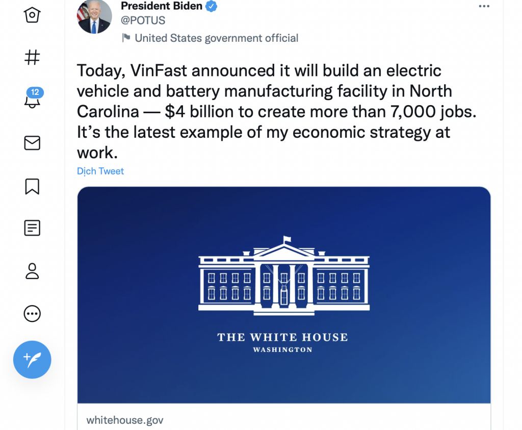 Tổng thống Mỹ Biden đánh giá cao dự án xây nhà máy VinFast tại Bắc Carolina
