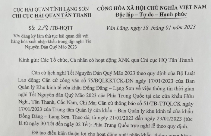 Hải quan Lạng Sơn bố trí nhân lực trực, làm việc xuyên tết Quý Mão 2023
