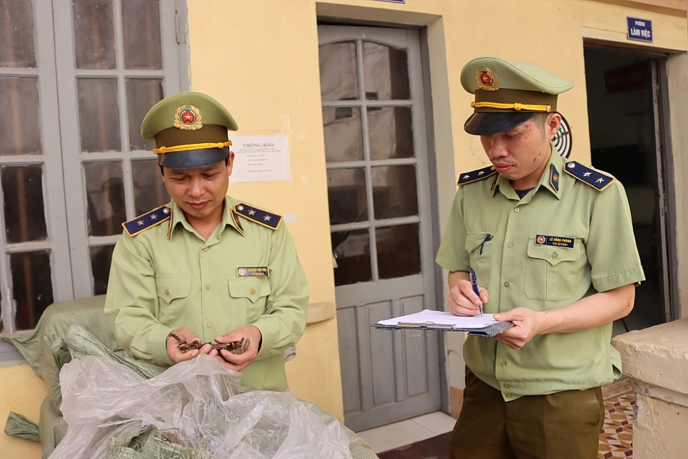 Lực lượng chức năng kiểm tra số hàng vi phạm. Ảnh: QLTT LS