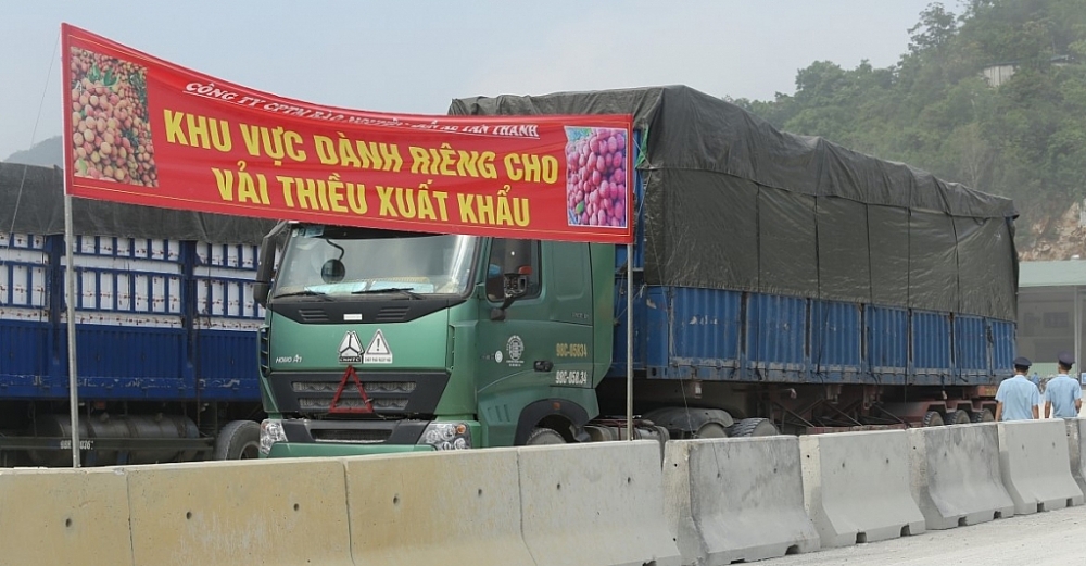 Khu vực tập kết riêng dành cho các phương tiện chở vải thiều.
