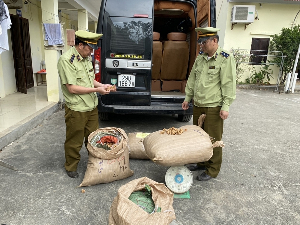 Lực lượng chức năng kiểm tra số hàng vi phạm. Ảnh: QLTT LS