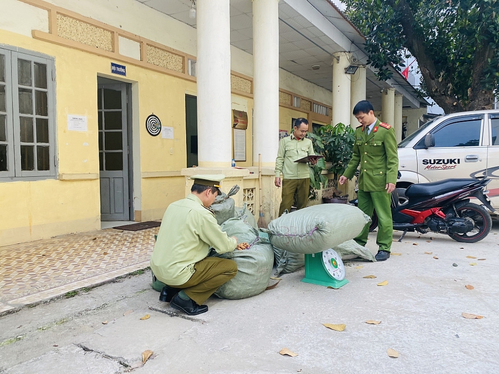 Lực lượng chức năng kiểm tra số hàng vi phạm. Ảnh: QLTT LS